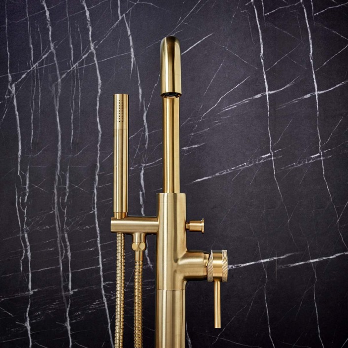 Scudo Core Freestanding Bath Shower Mixer, Brushed Brass