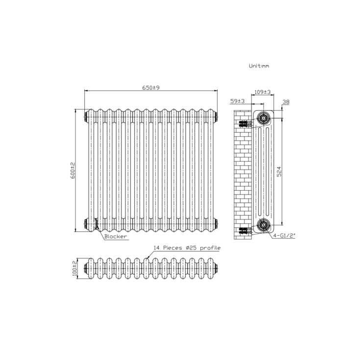 Scudo Foundry Column Radiator, 3 Column, 22 Sections, 600 x 1010mm — White