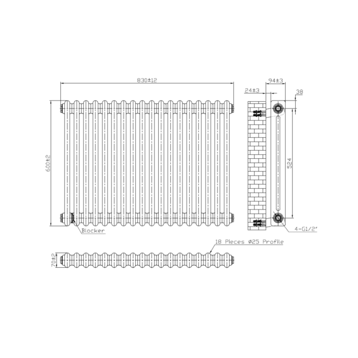 Scudo Foundry Column Radiator, 2 Column, 14 Sections, 600 x 650mm — White