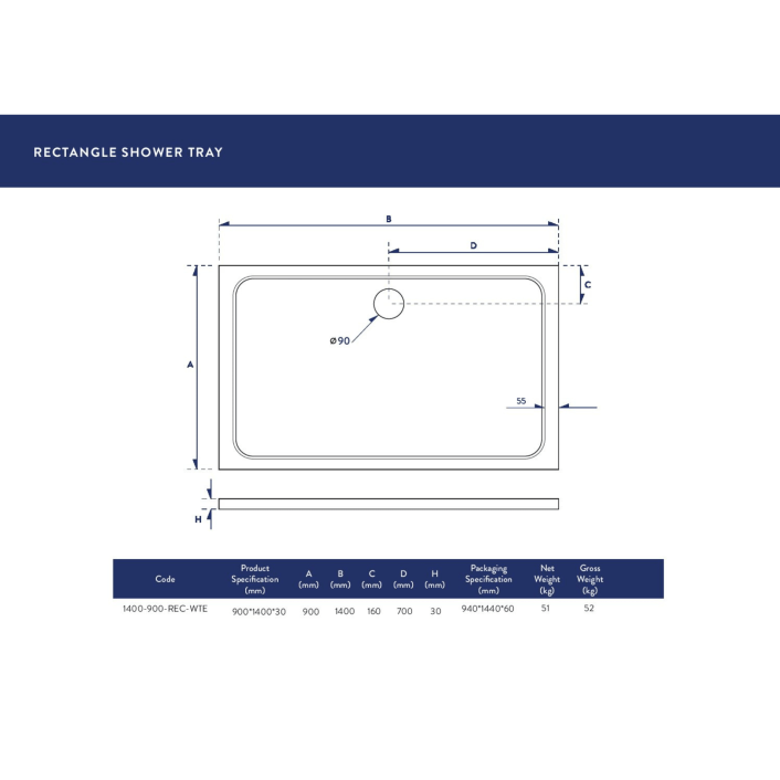 Scudo Eco-Stone Rectangular Shower Tray, 30mm, White — 1200 x 700mm