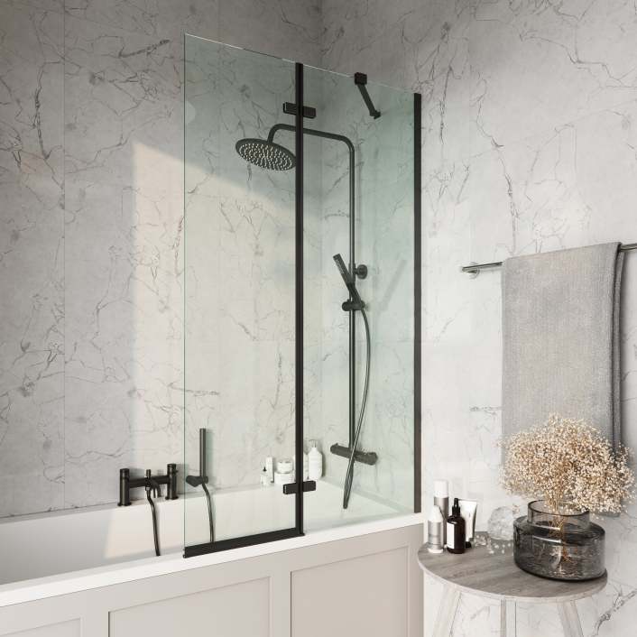 Scudo S6 Square Bath Screen with Fixed Panel, Black — 900mm