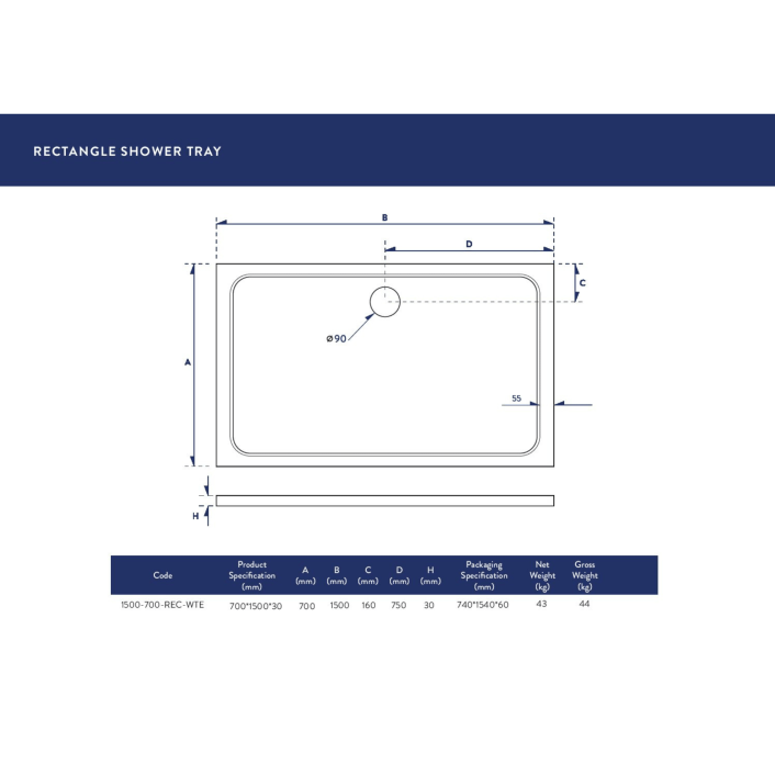Scudo Eco-Stone Rectangular Shower Tray, 30mm, White — 1200 x 700mm