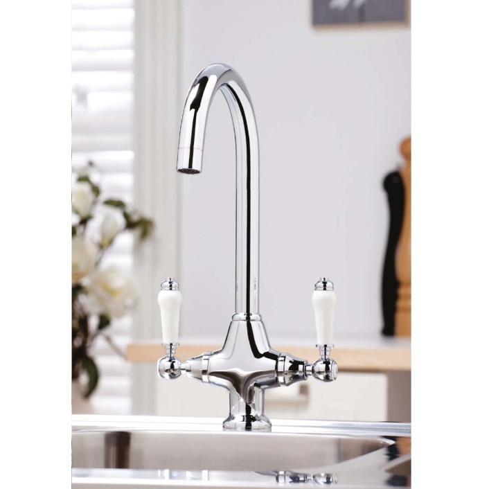 Scudo Harrogate Twin Lever Kitchen Mixer Tap, Swivel Spout, Chrome