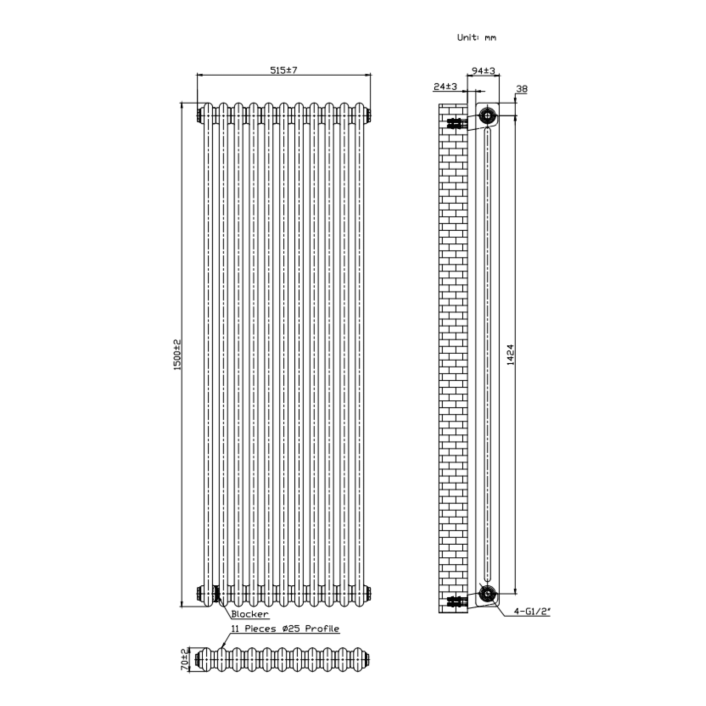 Scudo Foundry Column Radiator, 2 Column, 7 Sections, 1500 x 335mm — White
