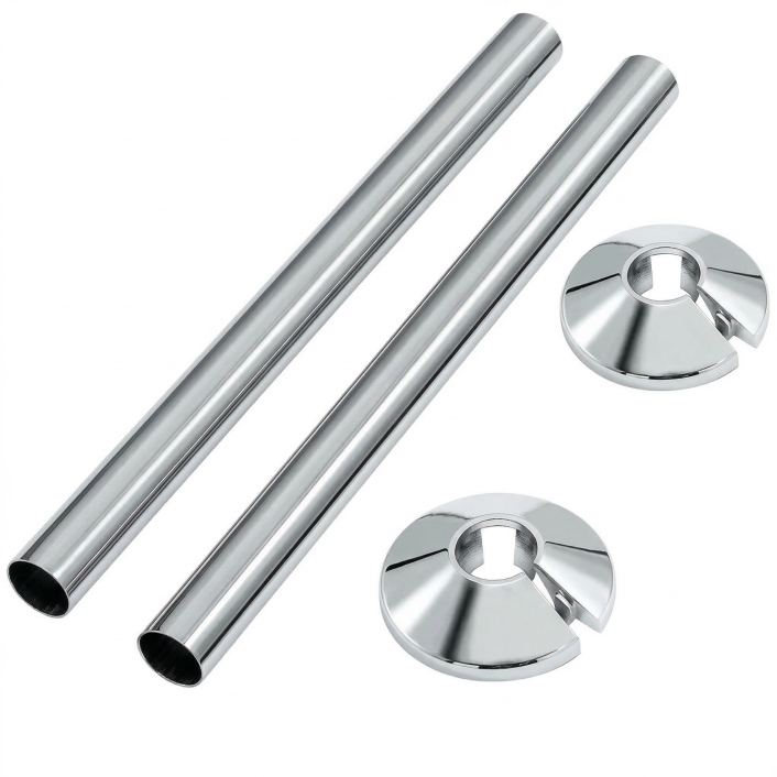 Scudo Radiator Snap-On Pipe Cover, 200 x 16mm, Aluminium, Chrome — Pair