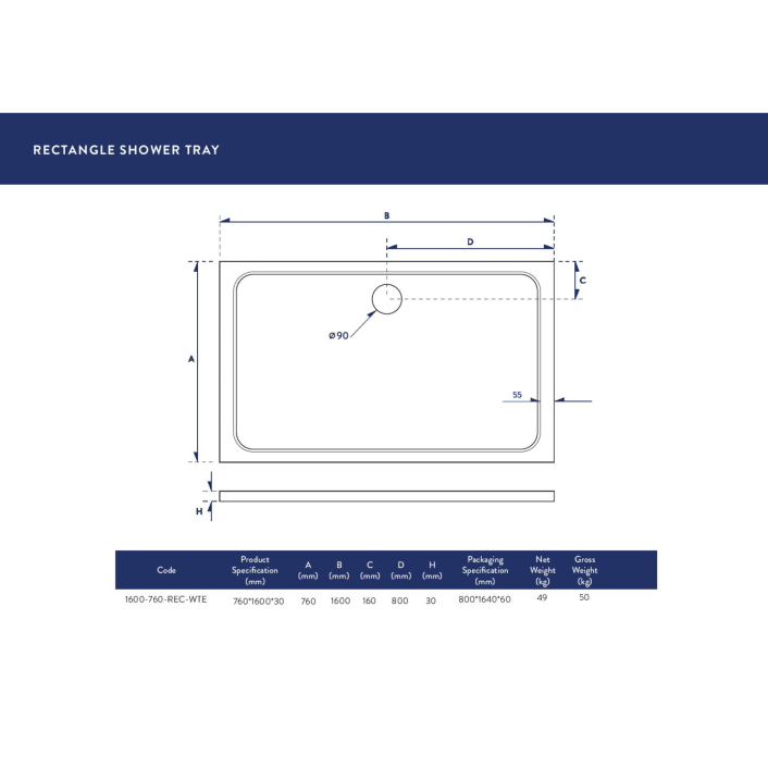 Scudo Eco-Stone Rectangular Shower Tray, 30mm, White — 1200 x 700mm
