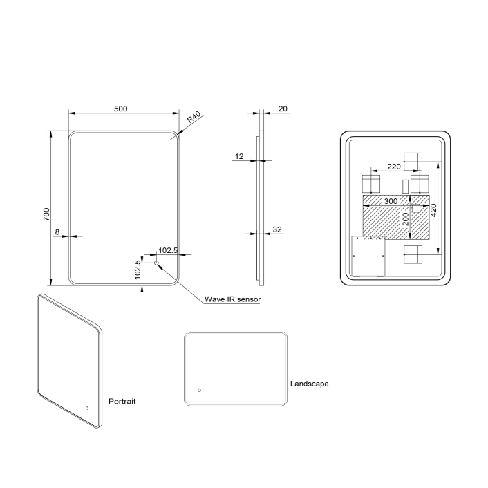 Scudo Soft Square LED Mirror, 500 x 700mm — Brushed Brass Frame