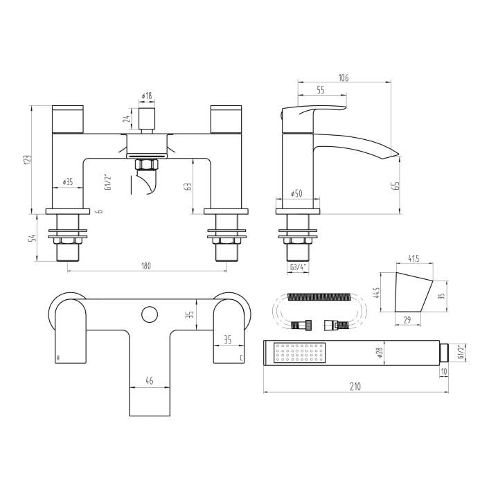 Scudo Belini Bath Shower Mixer, Chrome, with Shower Kit & Wall Bracket