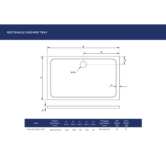 Scudo Eco-Stone Rectangular Shower Tray, 30mm, White — 1200 x 700mm