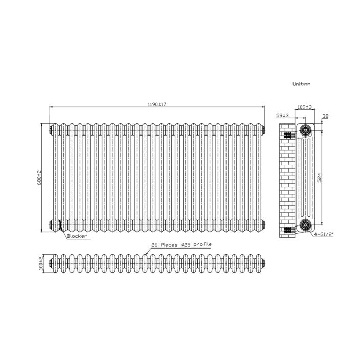 Scudo Foundry Column Radiator, 3 Column, 22 Sections, 600 x 1010mm — White