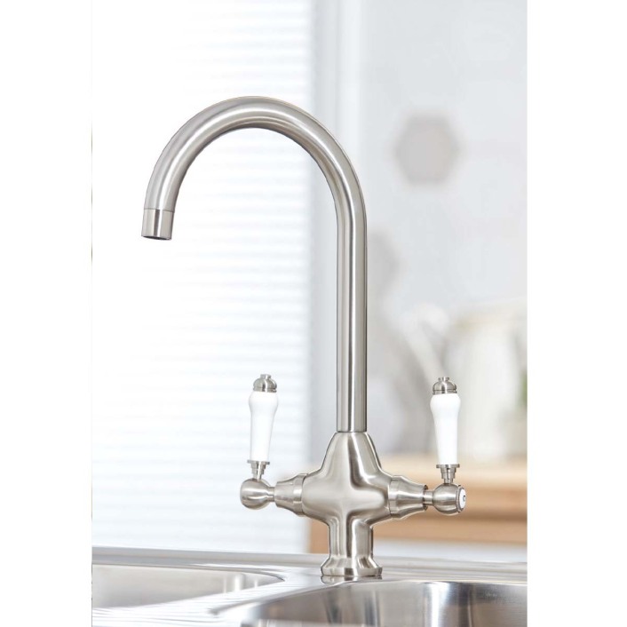 Scudo Harrogate Twin Lever Kitchen Mixer Tap, Swivel Spout, Brushed Nickel