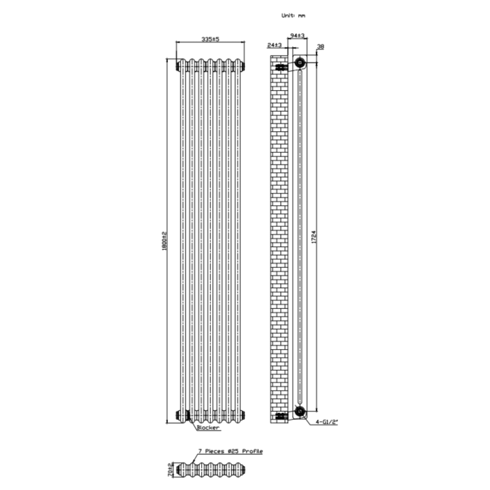 Scudo Foundry Column Radiator, 2 Column, 11 Sections, 1800 x 515mm — White