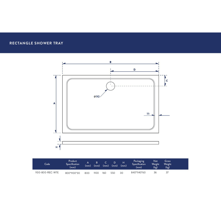 Scudo Eco-Stone Rectangular Shower Tray, 30mm, White — 1200 x 700mm