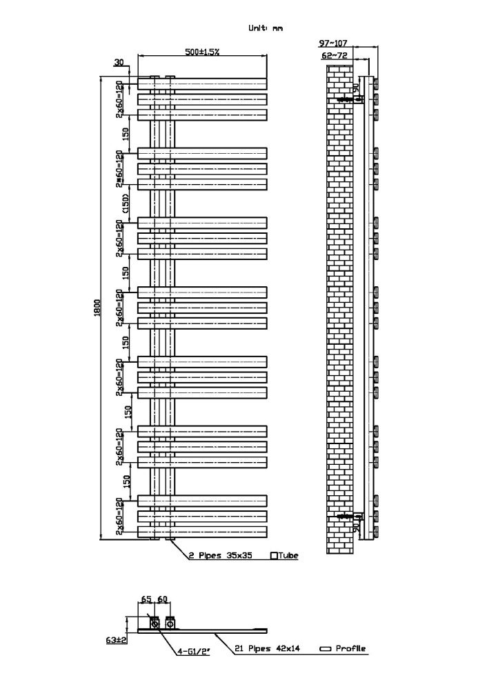 Scudo Elizabeth Designer Towel Rail, 1800 x 500 — Anthracite