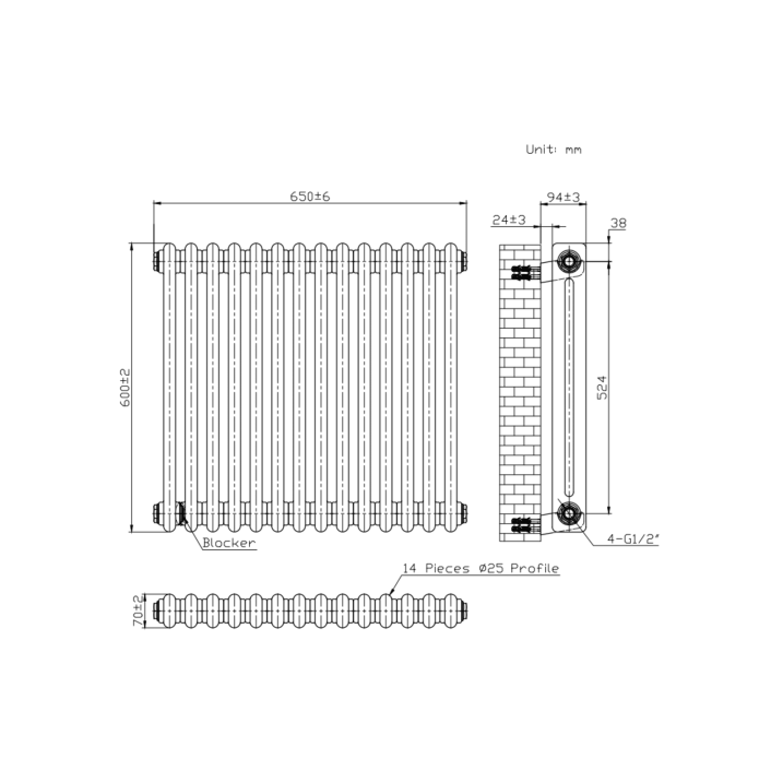 Scudo Foundry Column Radiator, 2 Column, 14 Sections, 600 x 650mm — White
