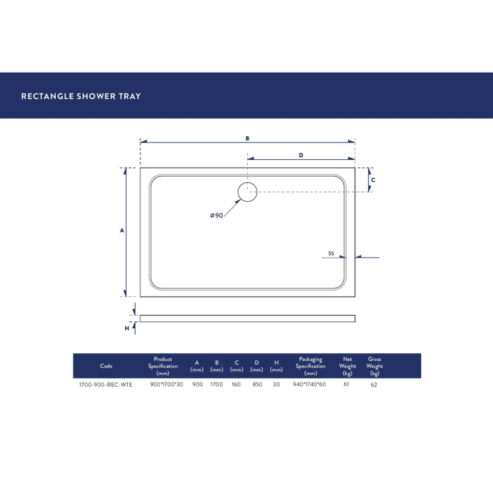 Scudo Eco-Stone Rectangular Shower Tray, 30mm, White — 1200 x 700mm
