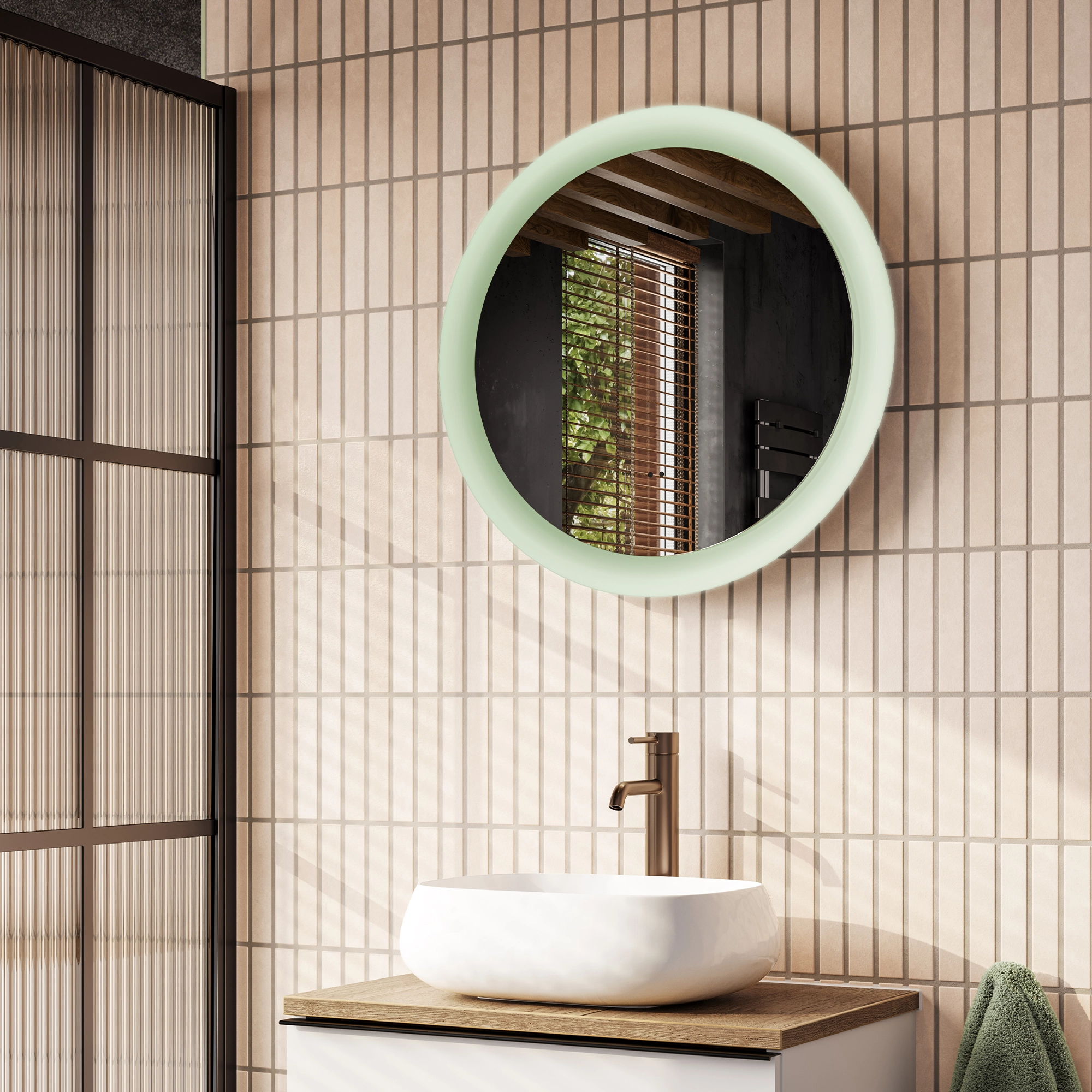 Vaida Sage Green Round LED Illuminated Bathroom Mirror – 60 cm Wall Mounted