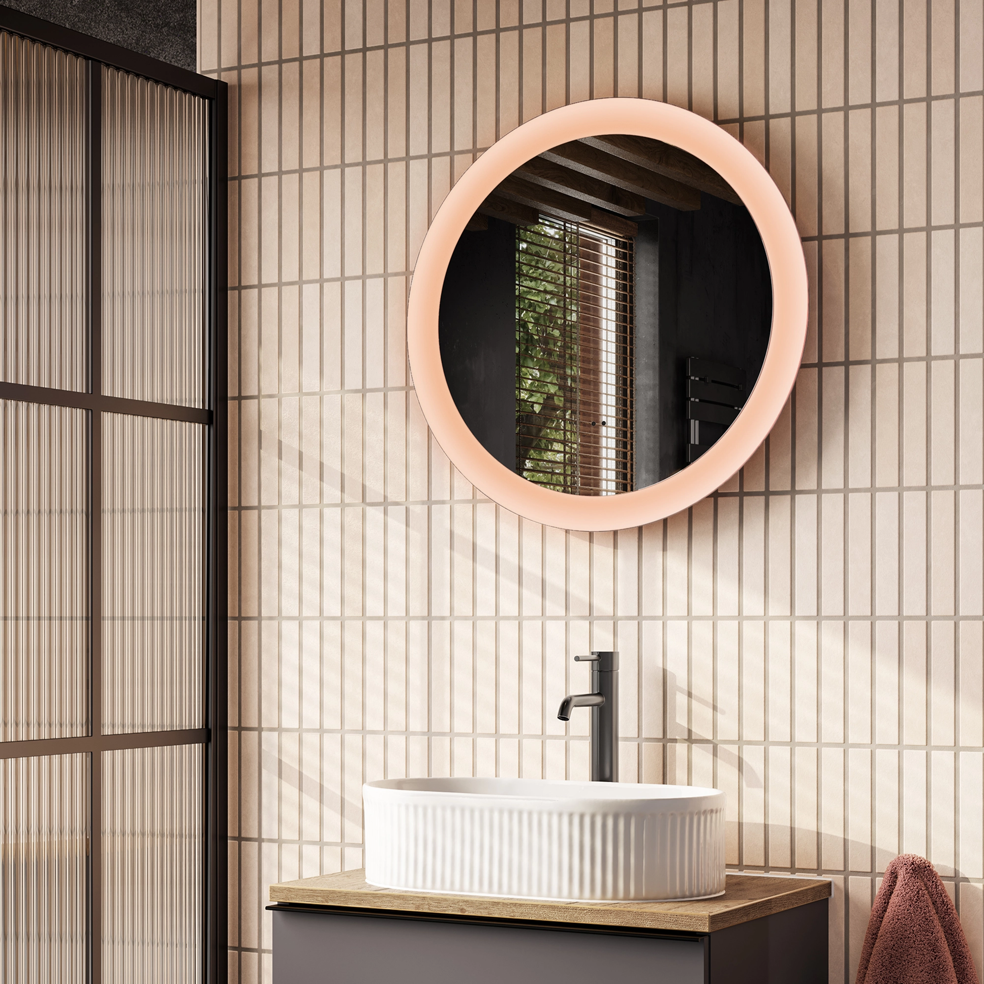 Vaida Dusky Pink Round LED Illuminated Bathroom Mirror – 60 cm Wall Mounted