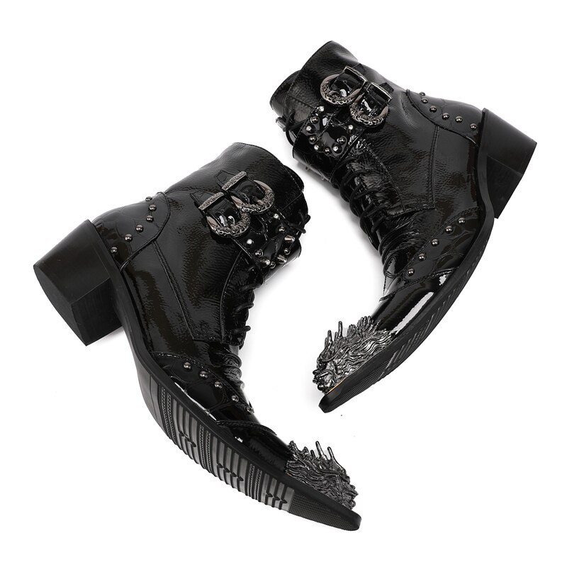 Men Shoes Rivets Buckle Rock Motorcycle Short Boots British Leather Boots Lace Up Ankle Boots