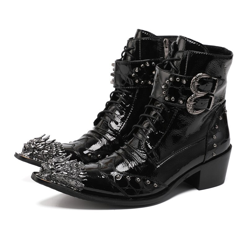 Men Shoes Rivets Buckle Rock Motorcycle Short Boots British Leather Boots Lace Up Ankle Boots