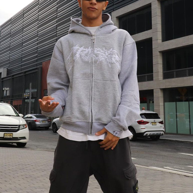 Trendy Street Cross Print Zip Up Hoodie