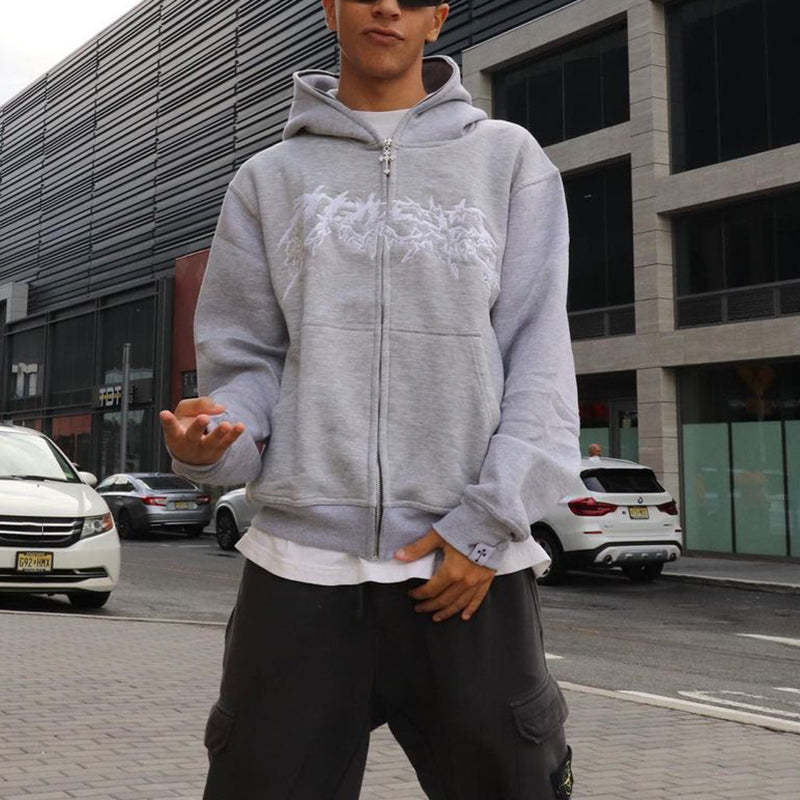 Trendy Street Cross Print Zip Up Hoodie
