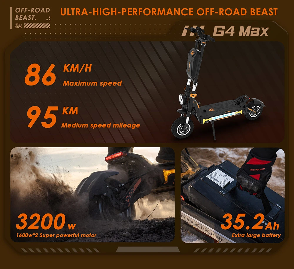 KuKirin G4 Max Off-Road Electric Scooter, 2*1600W Brushless Hub Motor, 12-inch Off-road Pneumatic Tires, 60V 35.2Ah Battery, 95km Max Range, 86km/h Max Speed, Front & Rear Piston Oil Brake, IP54 Waterproof