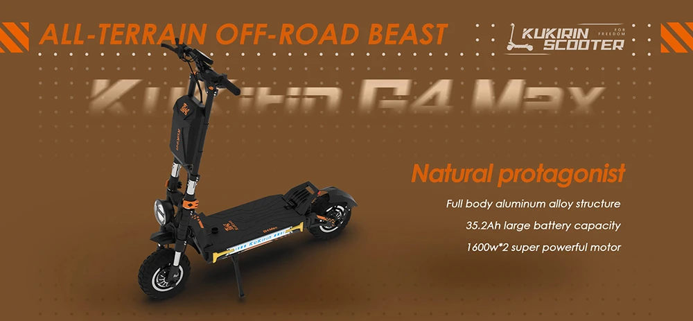 KuKirin G4 Max Off-Road Electric Scooter, 2*1600W Brushless Hub Motor, 12-inch Off-road Pneumatic Tires, 60V 35.2Ah Battery, 95km Max Range, 86km/h Max Speed, Front & Rear Piston Oil Brake, IP54 Waterproof