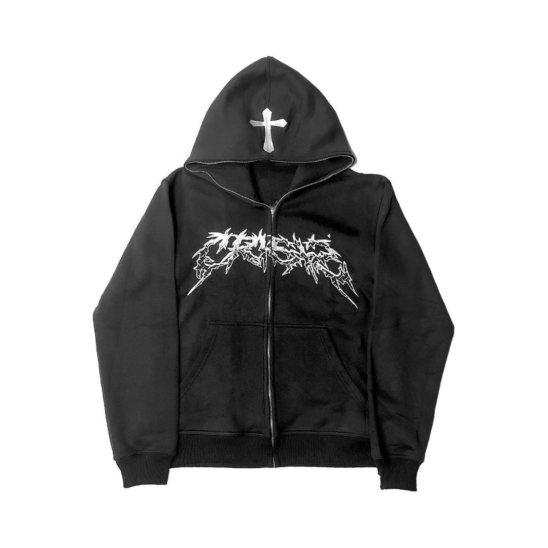 Trendy Street Cross Print Zip Up Hoodie