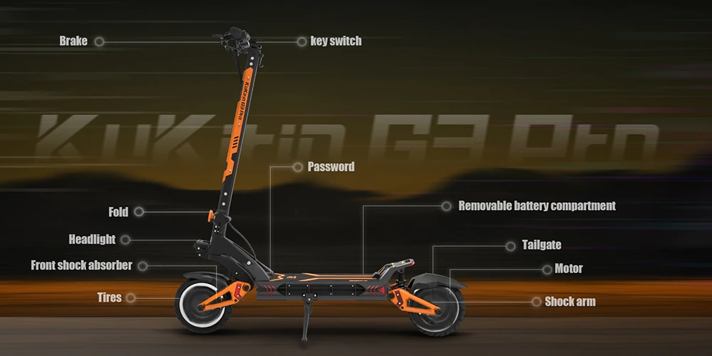 KuKirin G3 Pro 2024 Version 1200W*2 Motor Off-Road Electric Scooter 10 Inch Tire 52V 23.2Ah Removable Battery 80km range 65km/h Max Speed Dual Hydraulic Shock Absorber system IP54 Waterproof Dual Hydraulic Brake