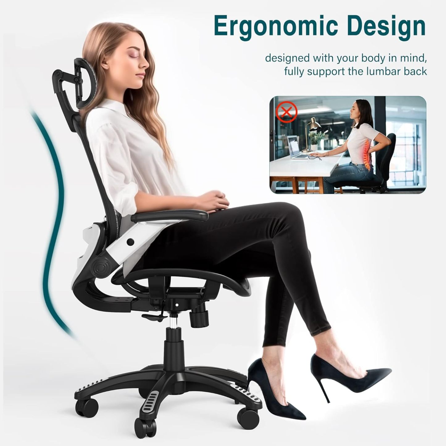 High Back Desk Chair - Adjustable Headrest with Flip-Up Arms