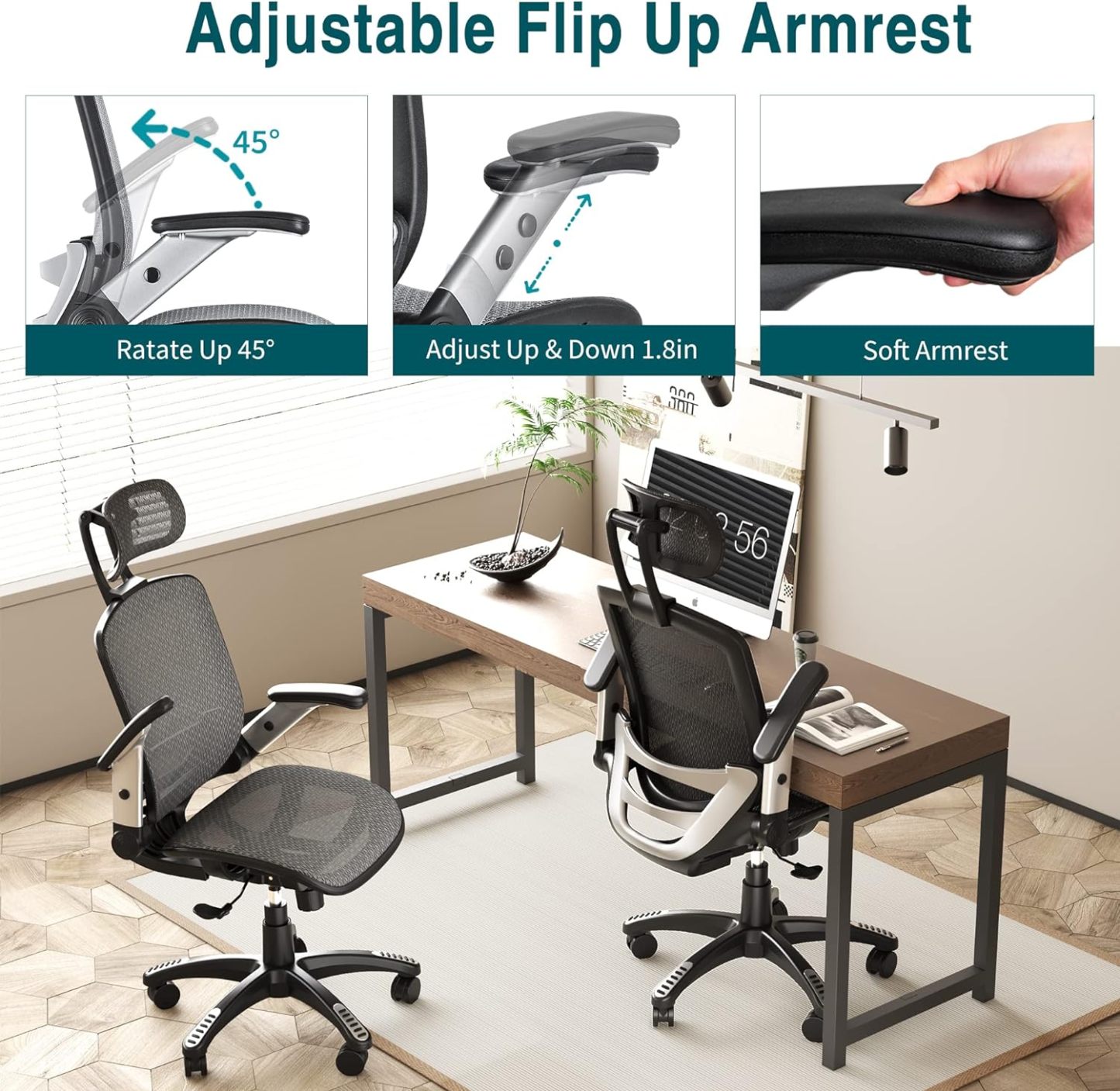 High Back Desk Chair - Adjustable Headrest with Flip-Up Arms