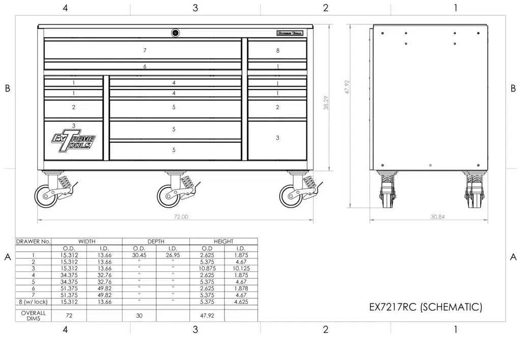 Extreme Tools® EXQ Series 72"W x 30"D 17 Drawer Professional Triple Bank Roller Cabinets