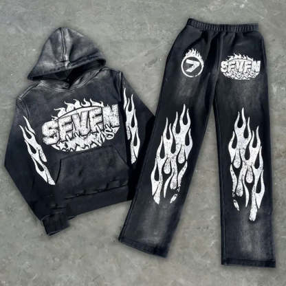 Flame Seven Casual Street Retro Washed Two-piece Suit