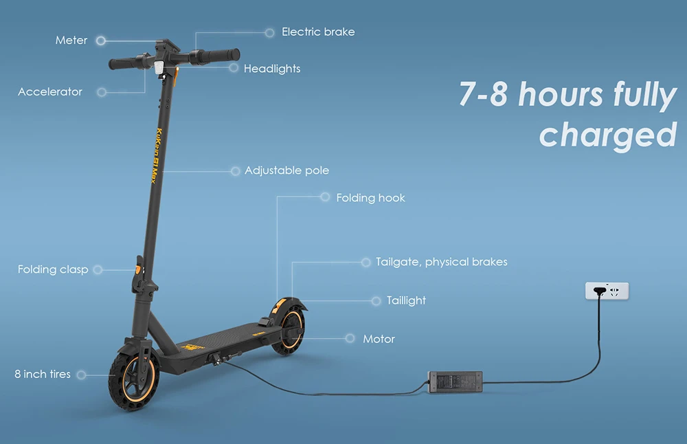 KuKirin S1 Max Foldable Electric Scooter, 350W Motor, 36V 10.4Ah Battery, 8 inch Tires, 30km/h Max Speed, 39km Range, Front Electronic Brake, Rear Spring Shock Absorption, Smart Display