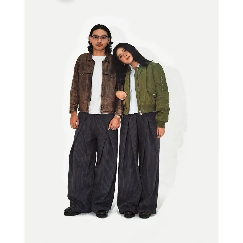 Striped double pleated trousers