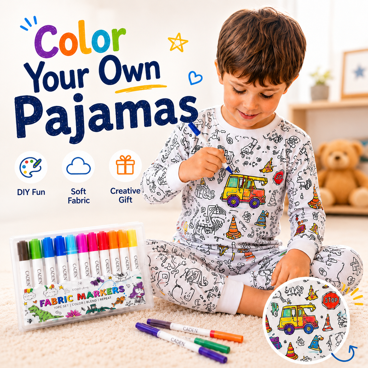 Colorable Two Piece Pajama Set | Construction Zone