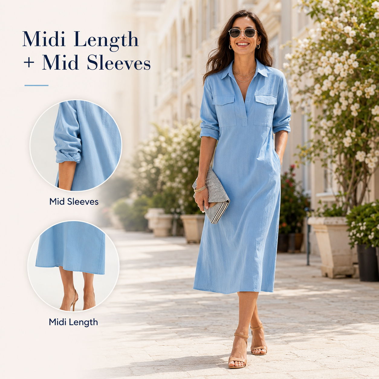 Women's Elegant Cotton-Linen Blend Shirt Collar Mid-Sleeve Midi Dress