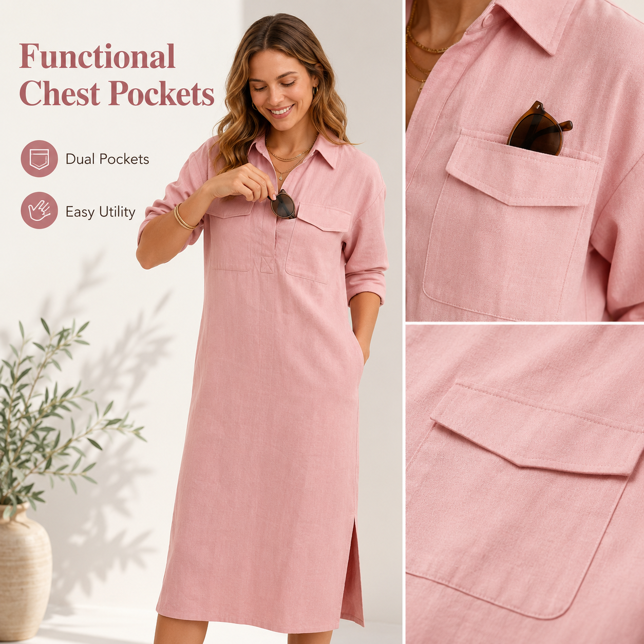 Women's Elegant Cotton-Linen Blend Shirt Collar Mid-Sleeve Midi Dress
