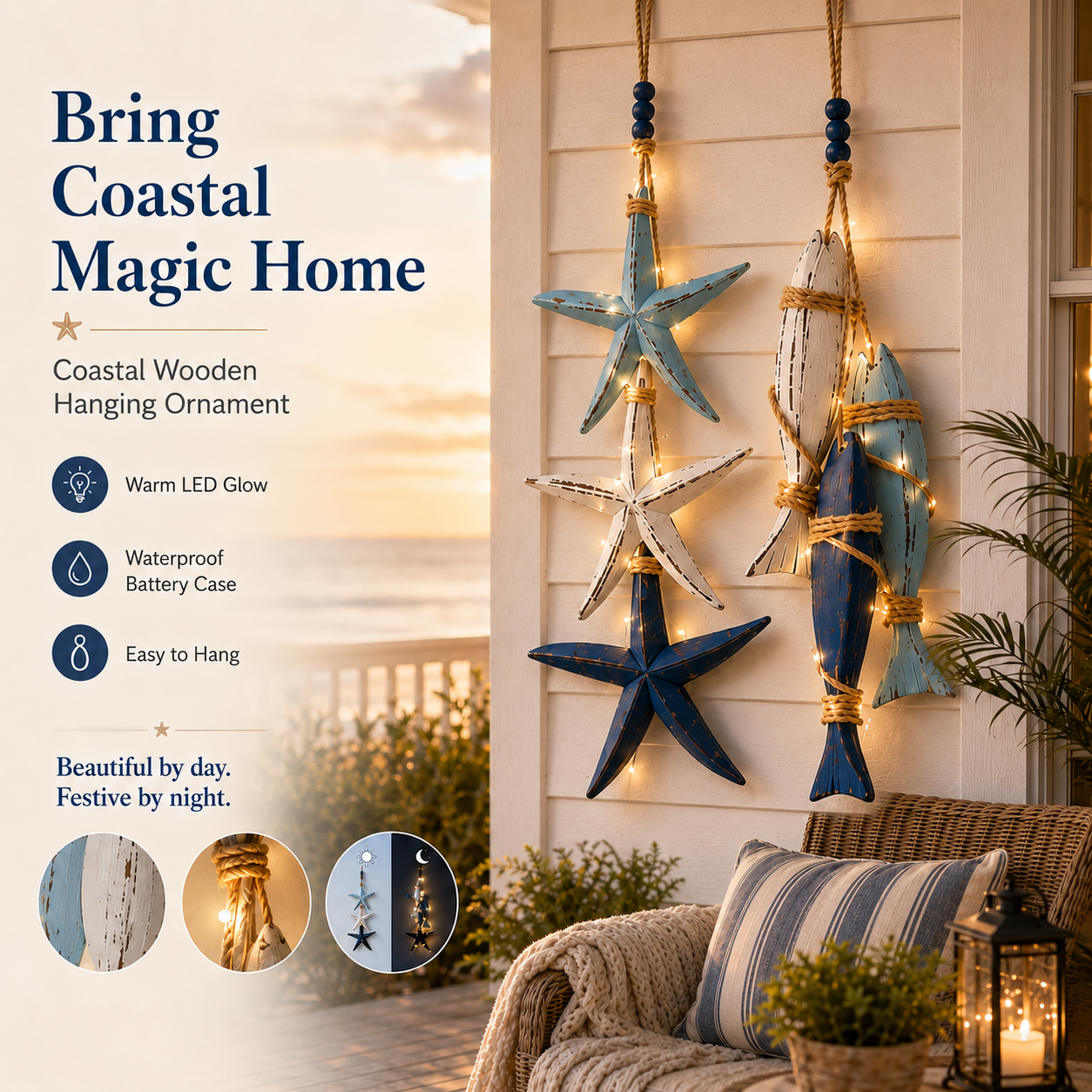 🐟Final Day Clearance 65% OFF🌊 Lighted Coastal Wooden Starfish & Fish Hanging Decor