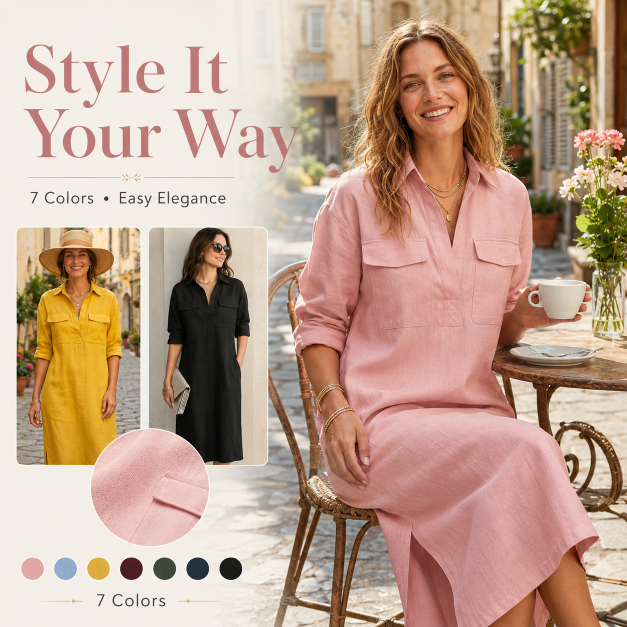 🔥Final Day Clearance 65% OFF🔥Women's Elegant Cotton-Linen Blend Shirt Collar Mid-Sleeve Midi Dress👗