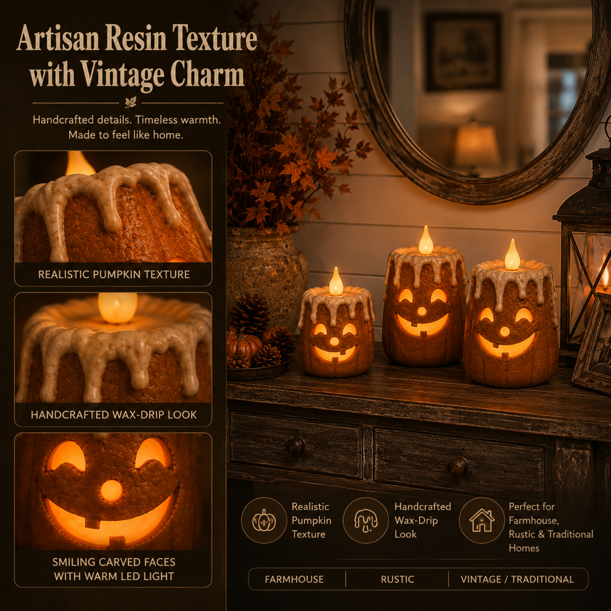 🌟3-Piece Set Cozy Lighted Pumpkin Candles🎃