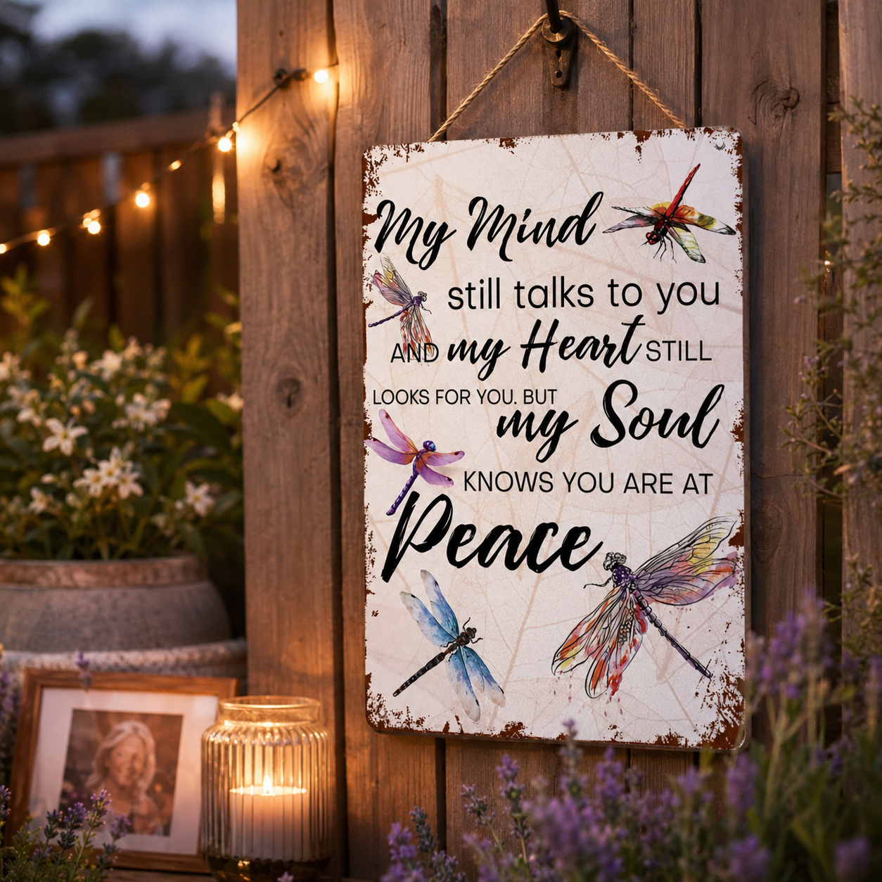 "My Mind Still Talks To You" Vintage Dragonfly Memorial Sign