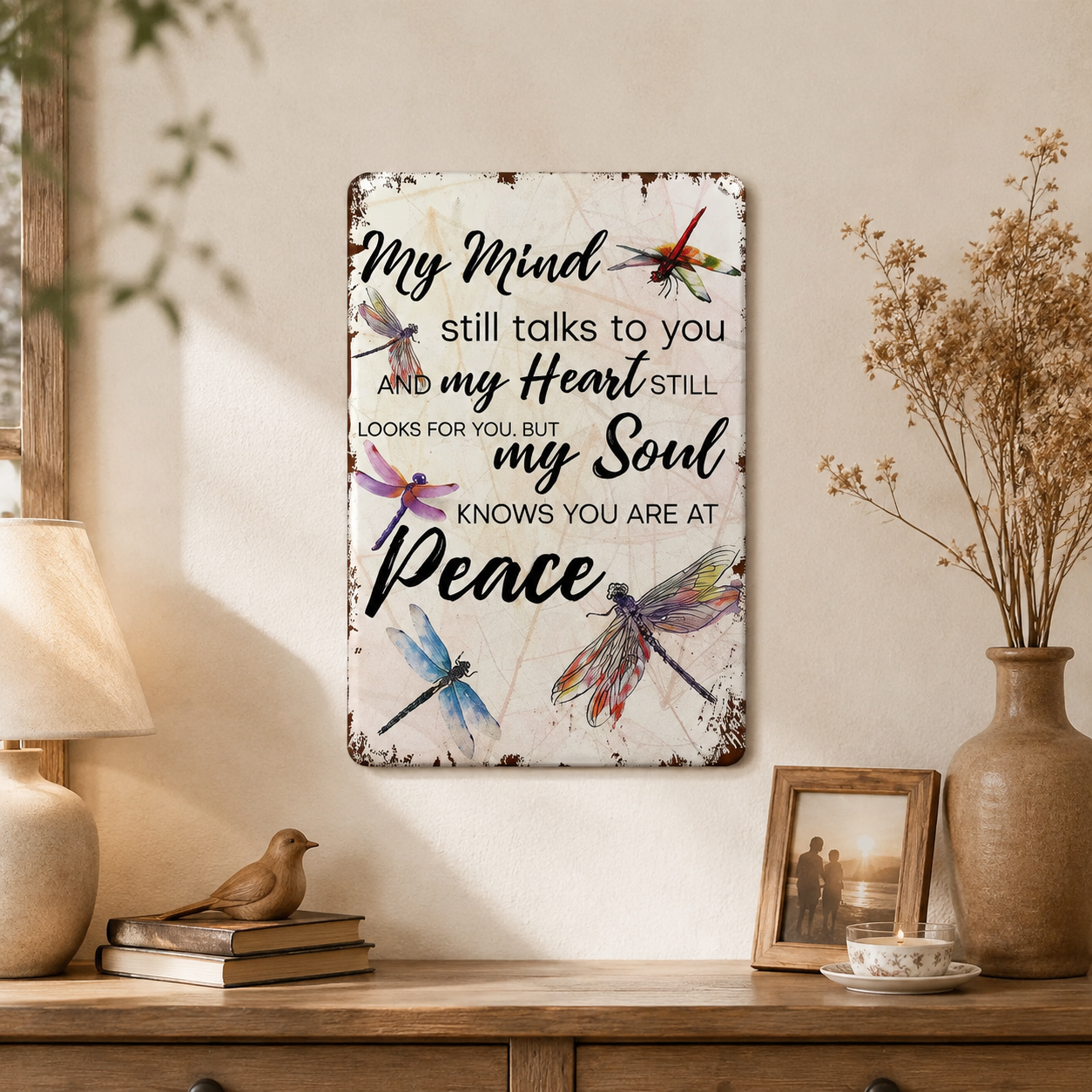 "My Mind Still Talks To You" Vintage Dragonfly Memorial Sign