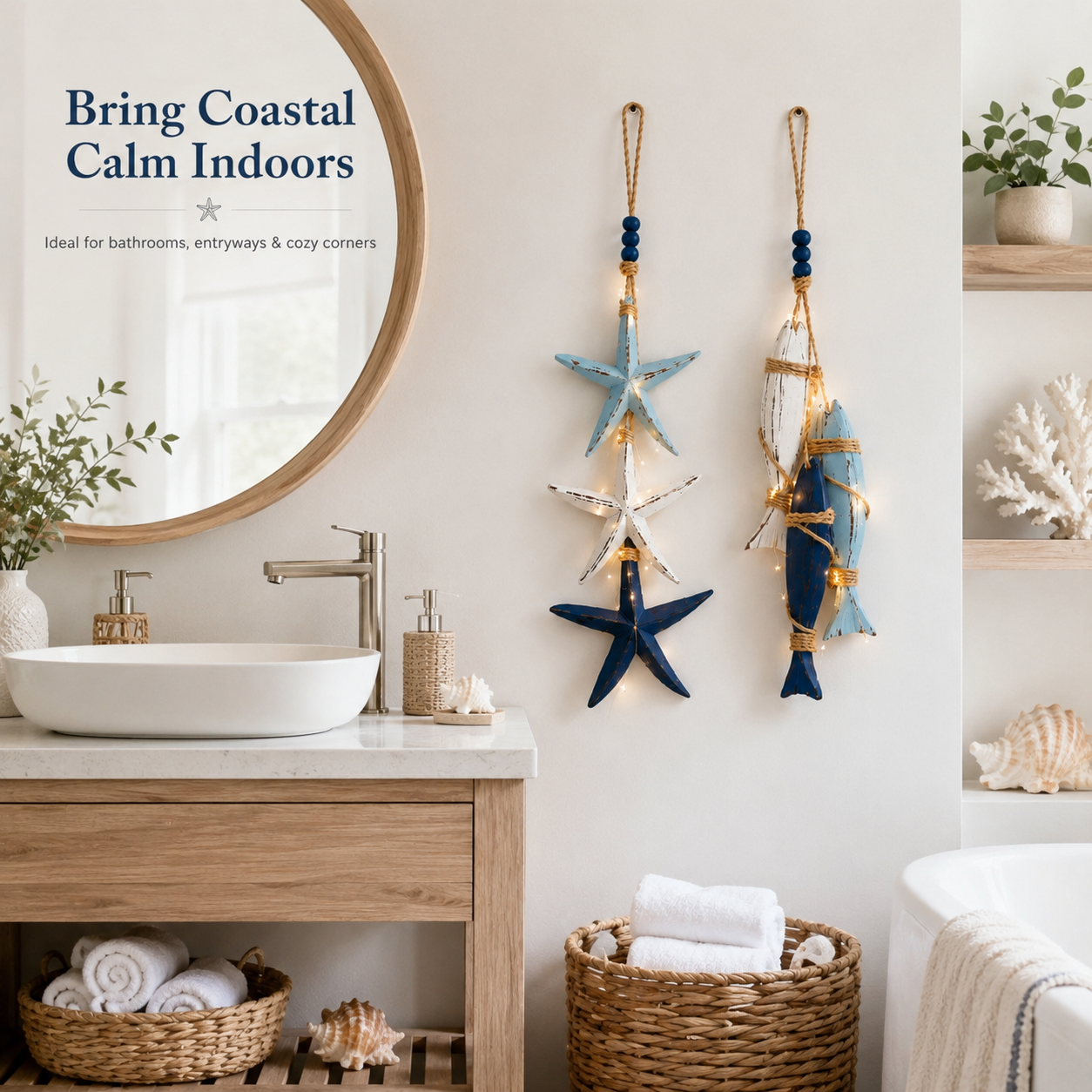 23.2 in × 6.7 in Lighted Coastal Wooden Starfish & Fish Hanging Decor