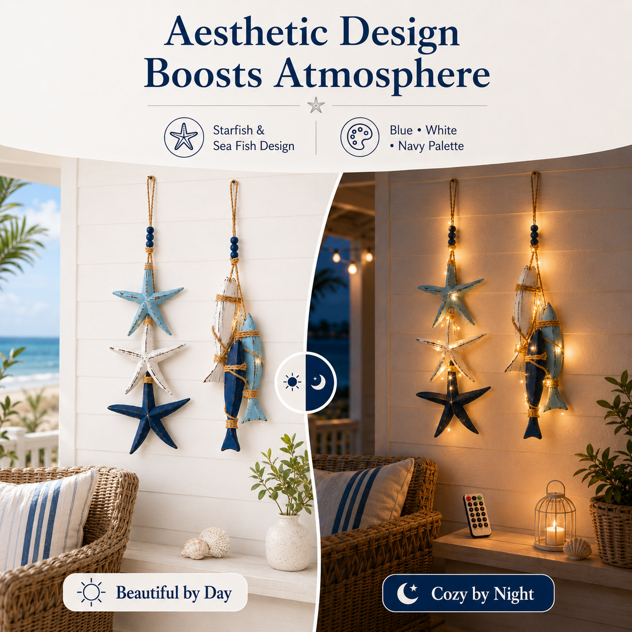23.2 in × 6.7 in Lighted Coastal Wooden Starfish & Fish Hanging Decor