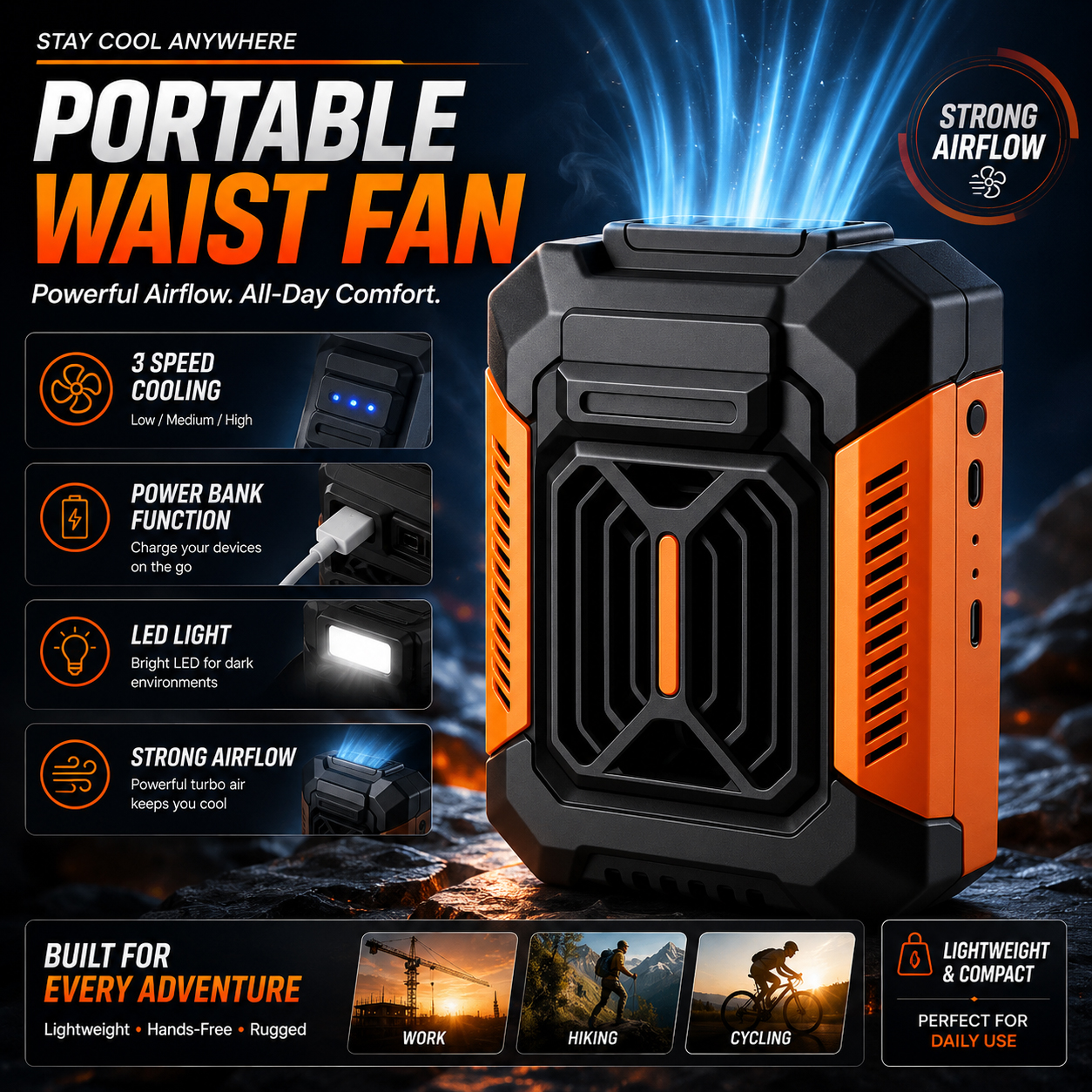  🔥75% OFF -3-in-1 Hardcore Waist Cooling Fan | 24H Last Cooling + Power Bank + LED Flashlight