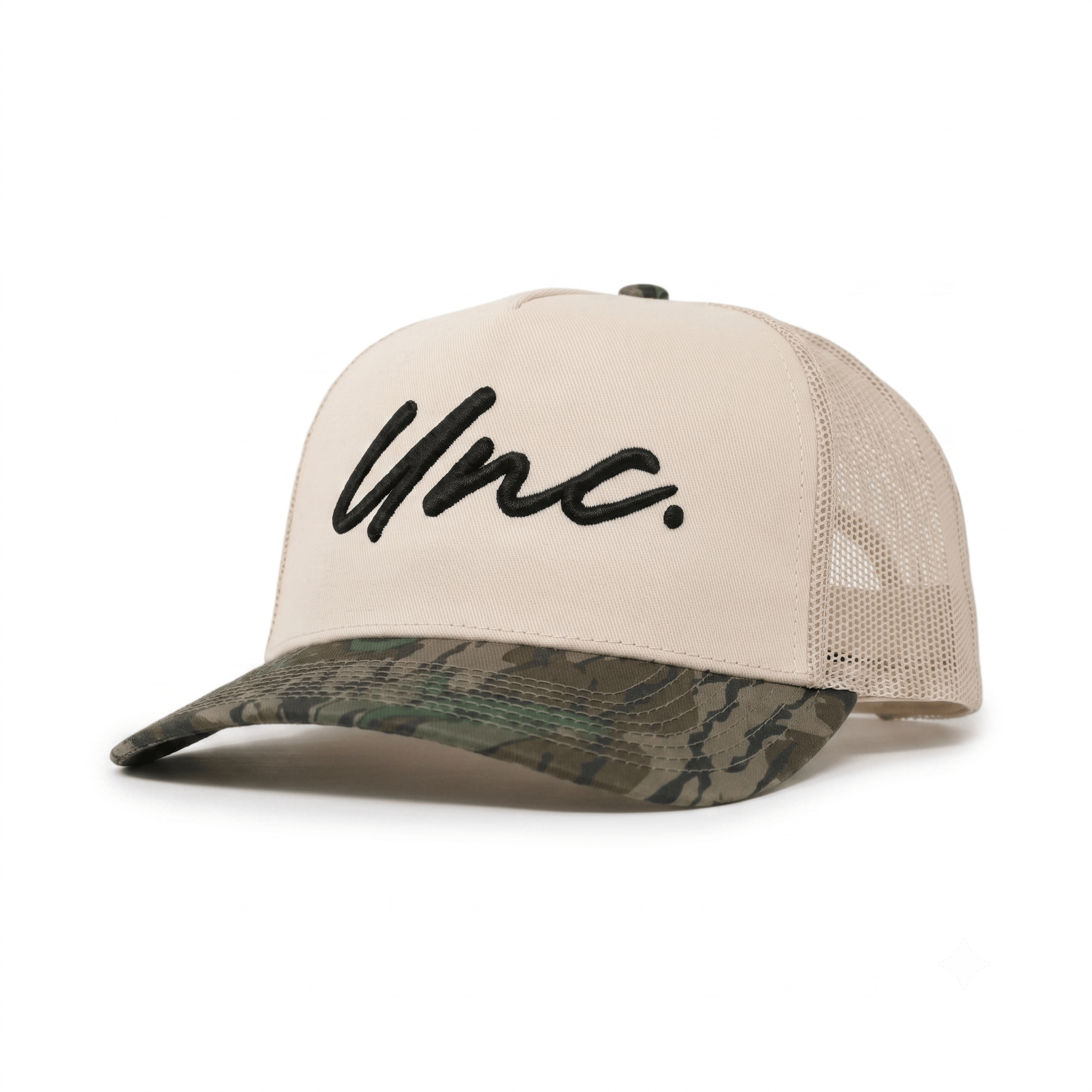 Embroidered Unc trucker cap with camo brim