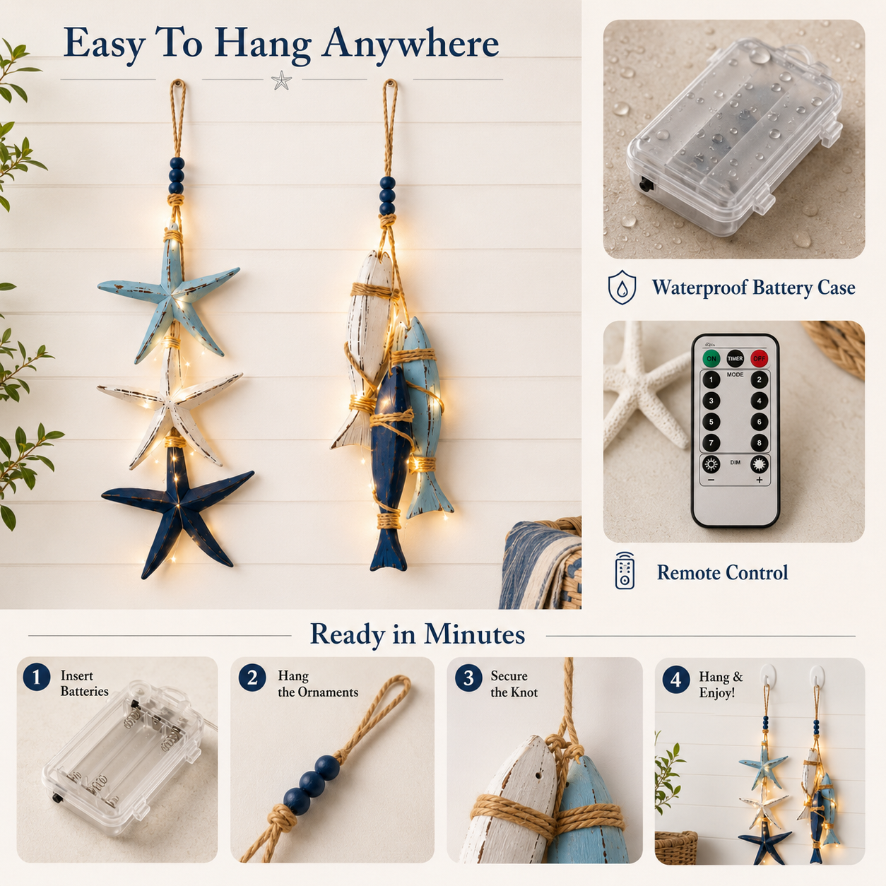 23.2 in × 6.7 in Lighted Coastal Wooden Starfish & Fish Hanging Decor