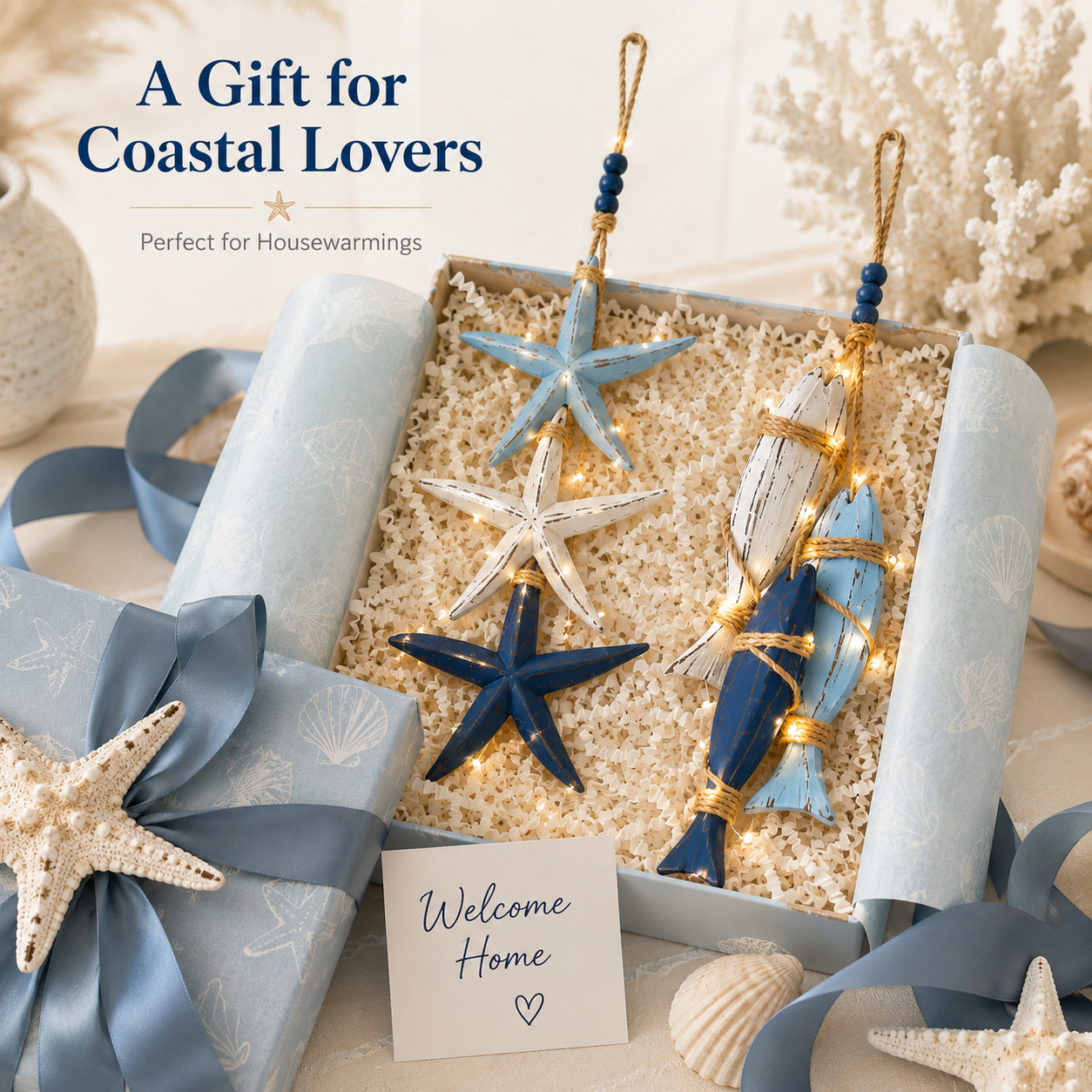 23.2 in × 6.7 in Lighted Coastal Wooden Starfish & Fish Hanging Decor